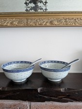 2 Chinese Porcelain Soup Bowls with Spoons Dragon Motif Blue & White Vintage