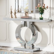 43-Inch Mirrored Console Table with O-Shaped Base, Modern Silver Entryway Table