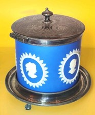 Antique Mappin & Webb Silverplate Jasperware Tobacco Jar Biscuit Cookie Barrel 