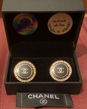 Vintage CHANEL Button Earrings - Black, Diamanté, Gold Tone CC Logo