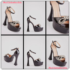 SALE WOMENS BLACK SIZES 4-7 DIAMANTÉ ENCRUSTED BOW SPOOL HEEL PLATFORM SANDALS