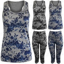 WOMENS SPORTWEAR MARL FLORAL PRINT 2PC SUIT FITNESS GYM VEST TOP 3/4 CAPRI PANTS