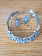 Tibetan Silver Bangle Light Blue Jade Stone Ladies  Bracelet And Earring Set