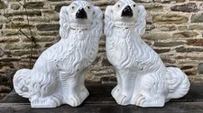 SUPERB PAIR: V. LARGE 19thC STAFFORDSHIRE WHITE & GILT SPANIEL DOGS no1s c1880s