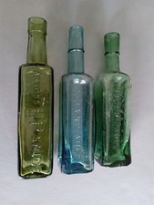 3 x WW1 Era Different Colour Glass Sauce Bottles HP Tiger Sauce & Indian Sauce