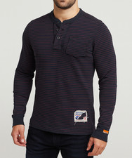 Superdry Men’s Long Sleeve Henley Top Navy Burgundy Stripe Size L – Never Worn