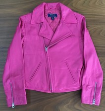 Girls Polo Ralph Lauren Hot Pink Lamb Leather Biker Jacket Kids Size M Age 8-10