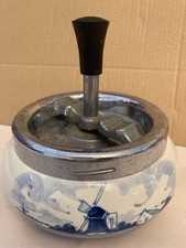 vintage Delft Blue spinning Ashtray Ceramic & Chrome 5x5” hand painted Windmill