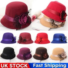 Women Vintage Wool Felt Bucket Cap Flower Ladies Winter Cloche Church Bowler Hat