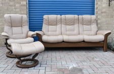 EKORNES STRESSLESS WINDSOR SAND LEATHER RECLINER SOFA ARMCHAIR FOOTSTOOL SET