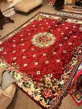 Vintage Large Italian Red Velvet Chenille Floral Roses Bedspread Throw Blanket