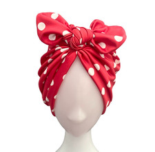Vintage inspired 1940s 1950s style red polka dot spot stretch jersey turban hat