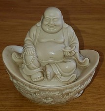 Laughing Buddha Statue Dragon Phoenix Boat Ornament 11cm Cream Figure 