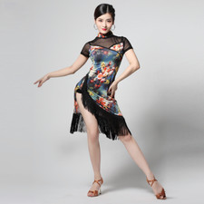 Women Floral Latin Dance Dress Salsa Tango Ballroom Cheongsam Tassel Rumba