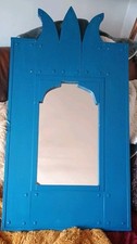 Handmade Rustic Wooden Wall Mirror , Painted Blue , Shaped Top , Height 96 cm