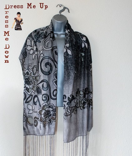 Floral scarf fringed black - fringed,