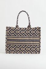 H&M Jacquard Aztec Wave Jute Textured Carry Bag Tote Handbag Shopper Beige Navy 