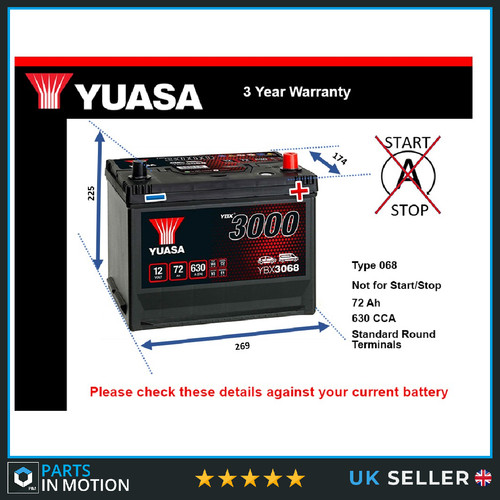 Car battery ybx3068 yuasa - yuasa, 068