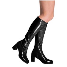 Black Womens Mens Knee High Disco Zip Up 60s 70s Party Fancydress Boot 6CM Heel