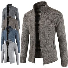 Men Cable Knitted Jumper Fleece Lined Knitted Cardigan Thick Zip Collar Winter