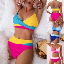 New Stunning Pink Yellow Blue block colour High-Waisted Bikini set Swimsuit 6-16