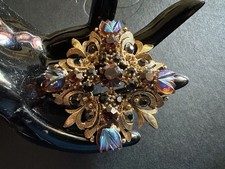 FLORENZA Maltese Cross Pendant Antiqued Gold Tone Iridescent Molded Flowers Vtg