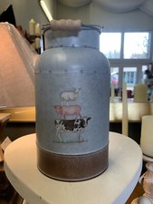Metal Milk Can With Stacked Animals On, Rustic Grey With Wooden Handles 23x13cm