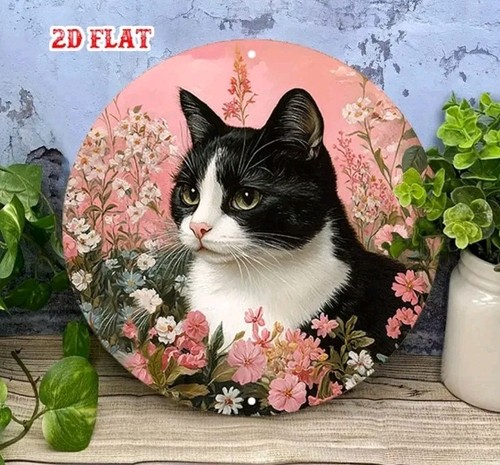 Black white cat pink - pink, flowers