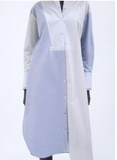 Zara Blue Patchwork Button Up Shirt Dress Striped Midi Tunic S