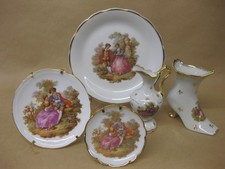 Limoges Porcelain Boot, Jug & 3 Small Plates ~ White & Gold ~ Fragonard Lovers