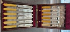 VINTAGE CUTLERY BOXSET OF 6 FISH KNIVES & FORKS EPNS ORNATE ENGRAVING OF KNIVES 