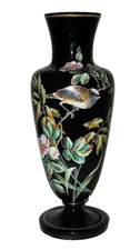 Large Harrach (Bohemia) Black Glass Vase, Fab Enameled Decor