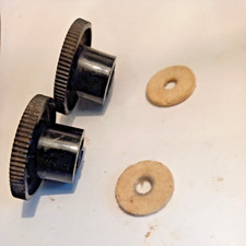 PAIR  VINTAGE RADIO  KNOBS.  BLACK . MARKED ' VOLUME ' AND ' TUNING ' PUSH FIT.