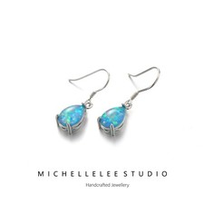 Minimalist Droplet Fire Opal Hook Earrings, Large Blue Opal and White Opal Drop 