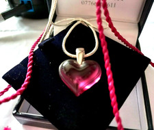 LALIQUE FUCHSIA CRYSTAL HEART~SILK CORD~HALLMARKED SILVER CHAIN ~ OUTSTANDING