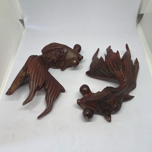 Carved redwood koi figurines - redwood,