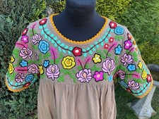 Vintage Mexican Coffee Colour Cotton Embroidered Tunic Mini Dress Boho UK8-12