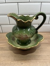 Vintage Ceramic Pitcher & Wash Basin Set Gilt Trim England Antique Jug