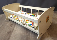 Vintage Baby Doll Bear Wooden Rocking Crib With Mattress 70s White C3