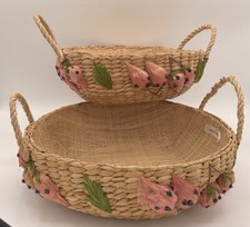 VTG Raffia Woven Straw Baskets With Handles/Lining- Set Of 2- Phillippines
