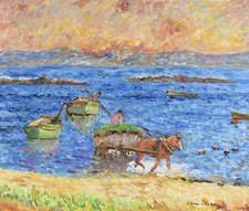 HENRI STENN (1903-1993) LARGE SIGNED FRENCH OIL ON CANVAS  - GATHERING SEAWEED