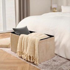 Faux Fur Large Padded Ribbed Ottoman Storage Box Folding Seat Foot Stool UK