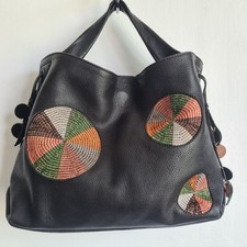 Radley Leather Tote Hobo Shoulder Bag Black Embroidered Medium 