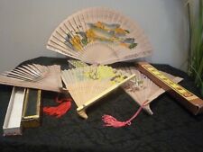 VINTAGE ORIENTAL HAND FANS ASSORTED COLLECTION BIRD & SCENES BAMBOO SLATS