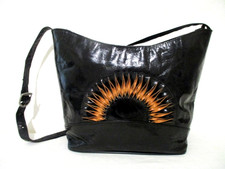 Vintage Glossy Black Leather Bucket Shoulder Bag Handbag Tan Leather Work Design