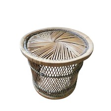 Boho Woven Rattan Plant Stand, Side Table or Stool – Vintage Natural Decor 