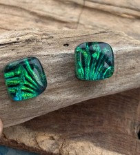 Dichroic Glass Square Studs Handmade Cornwall Emerald Green Coral