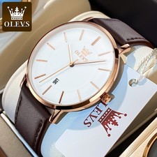 Olevs Quartz Watch for Men Ultra Thin 6.5mm Waterproof Date Fashion Leather band