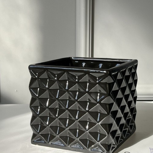 Black ceramic flower pot - ceramic, cube