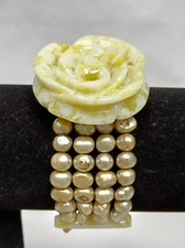 Vintage Carved Rose Marble & Pearl Bracelet Light Green & Cream